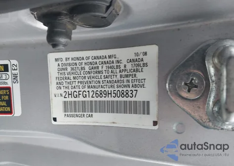 2009 Honda Civic Lx из США, поврежденный, VIN 2HGFG12689H508837